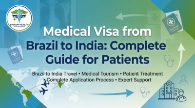 Infographic by Shifam Health Medical Tourism titled Medical Visa from Brazil to India: Complete Guide for Patients, featuring illustrated passports, airplanes travelling from Brazil to India on a world map, and icons of a hospital, doctor, and stethoscope, covering Brazil to India Travel, Medical Tourism, Patient Treatment, Complete Application Process, and Expert Support.