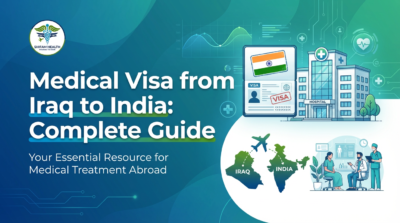 Illustration showing Medical Visa from Iraq to India, featuring passport with visa stamp, hospital building, airplane travel route, and doctor consultation for international patients.