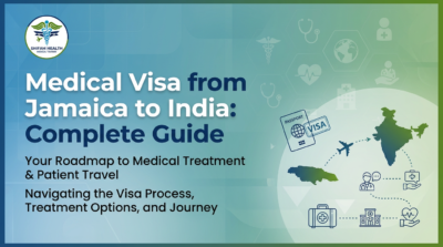 Illustration showing Medical Visa from Jamaica to India, featuring travel route with airplane, passport and visa stamp, hospital icons, and global healthcare map for international patients
