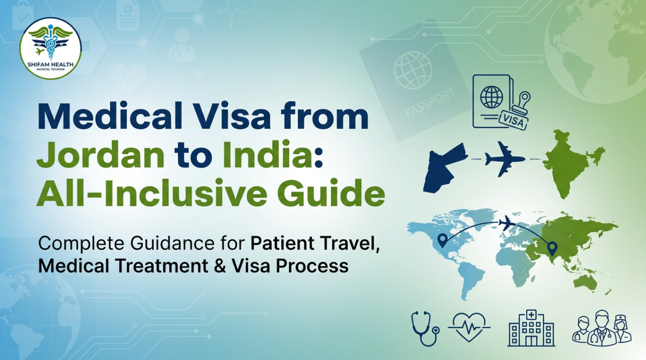 Illustration showing Medical Visa from Jordan to India, highlighting patient travel for medical treatment with airplane route, passport visa icon, hospital symbols, and global healthcare map.