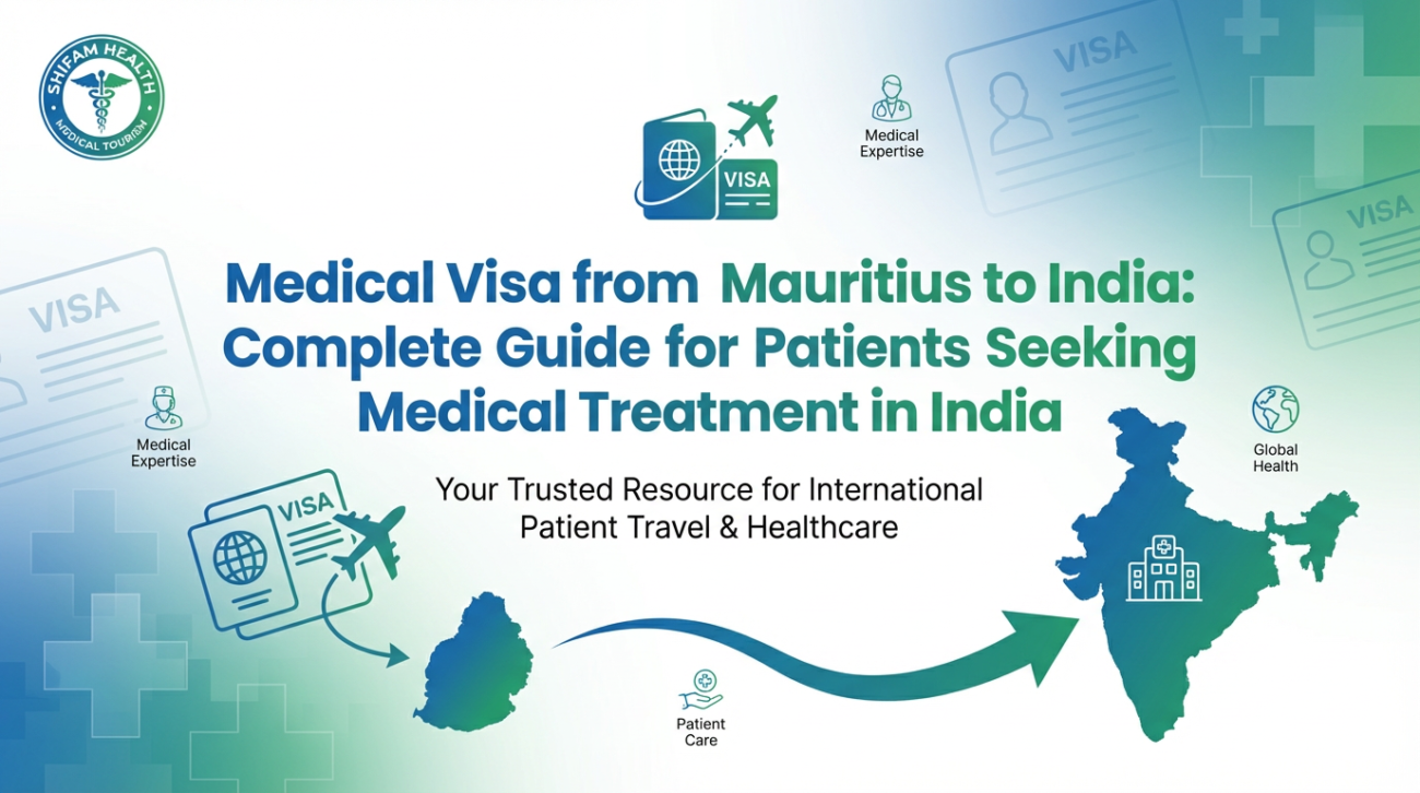 Medical Visa from Mauritius to India guide showing travel route between Mauritius and India, visa documents, passport icons, and international patient healthcare support