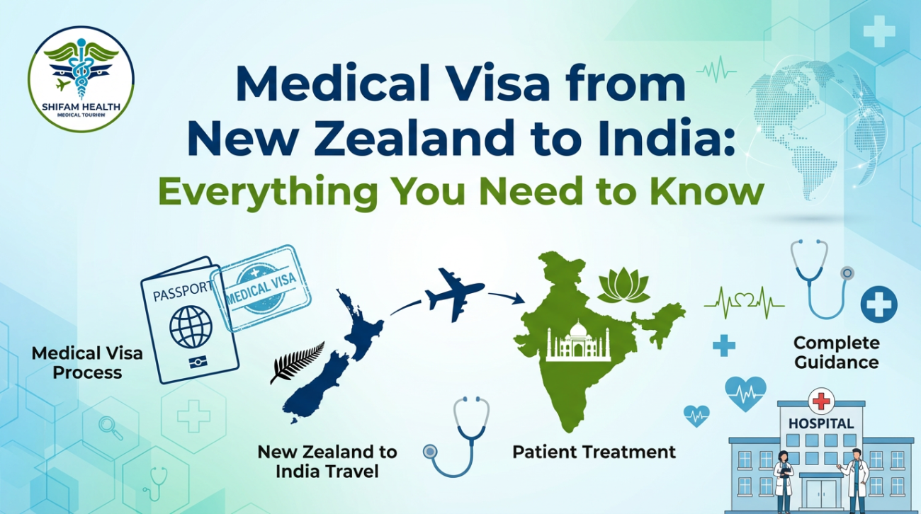 Medical Visa from New Zealand to India guide showing passport, medical visa stamp, travel route from New Zealand to India, and healthcare support for international patients seeking treatment in India.