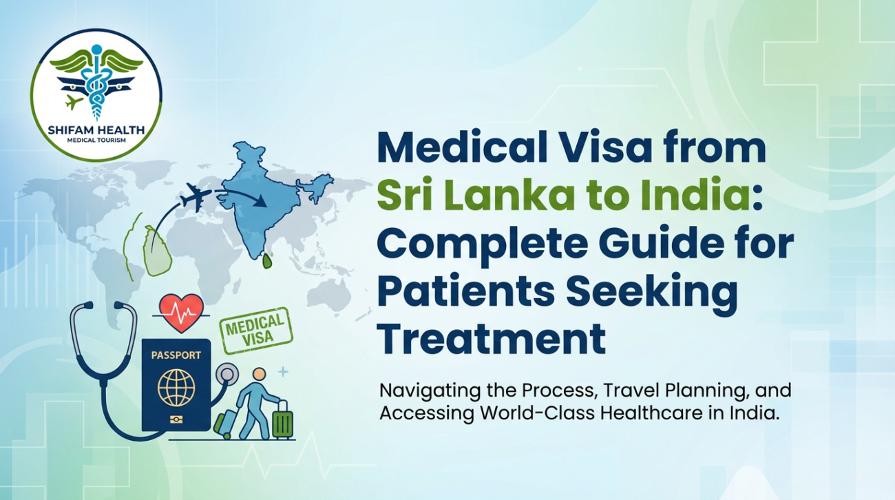 Medical Visa from Sri Lanka to India guide for patients showing travel route between Sri Lanka and India, passport, medical visa stamp, and healthcare support for treatment in India.