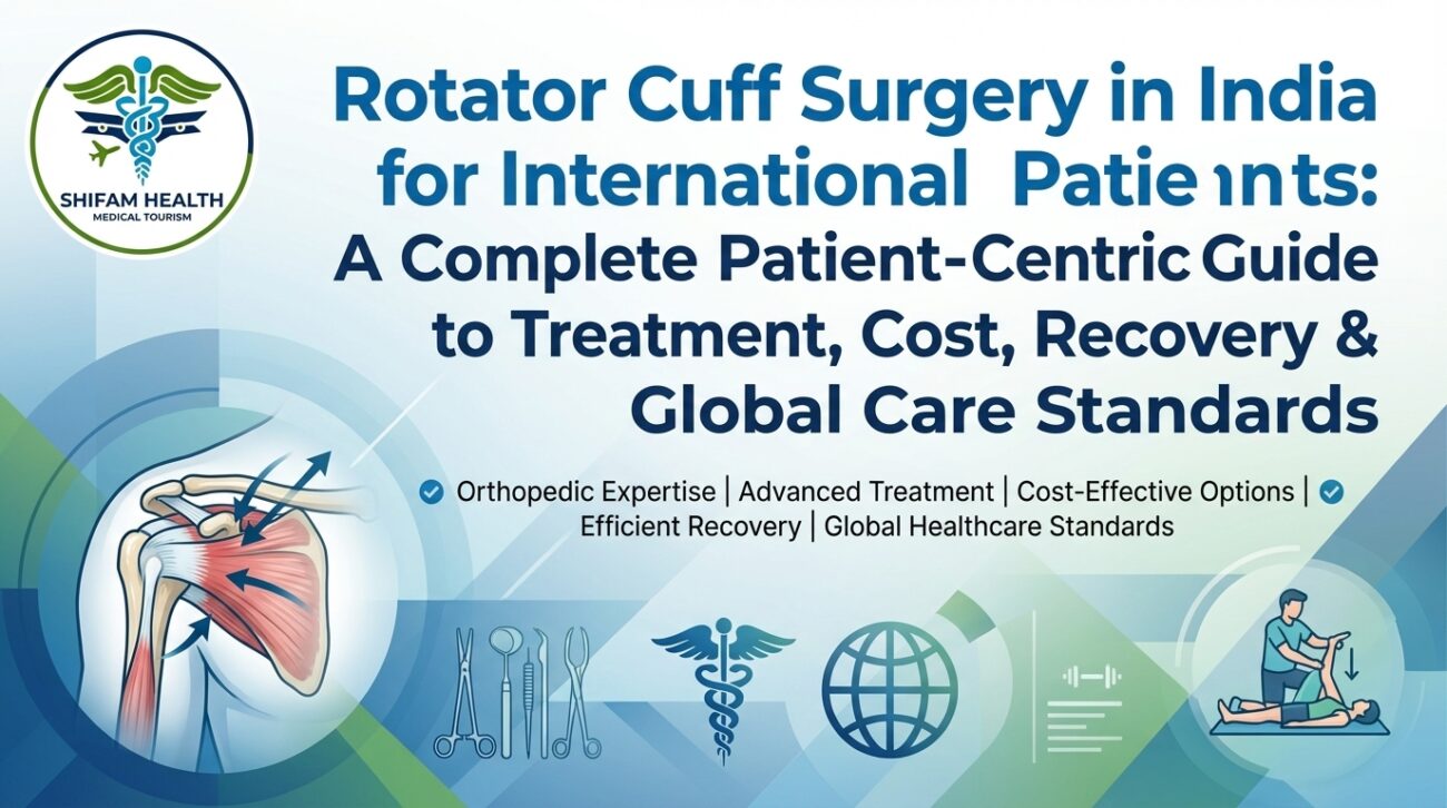 Rotator Cuff Surgery in India infographic showing shoulder anatomy, orthopedic treatment, surgical tools, and rehabilitation for international patients