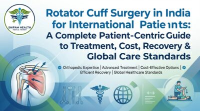 Rotator Cuff Surgery in India infographic showing shoulder anatomy, orthopedic treatment, surgical tools, and rehabilitation for international patients