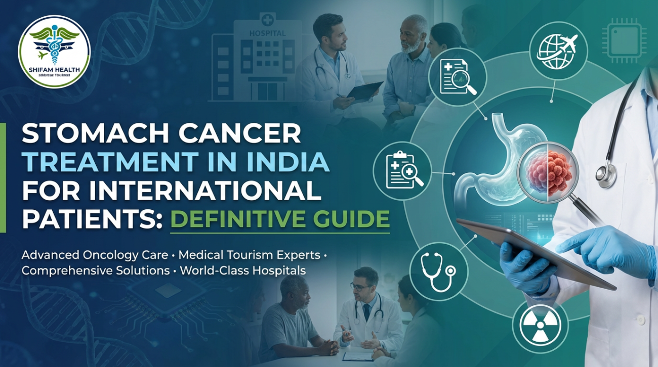 Stomach Cancer Treatment in India for International Patients showing advanced oncology care, stomach tumor diagnosis illustration, and international medical tourism support in India.