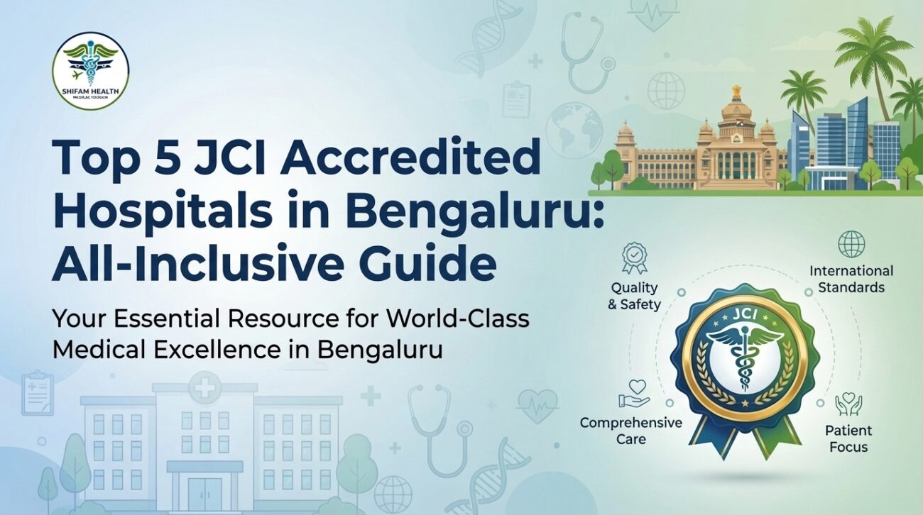 Infographic by Shifam Health Medical Tourism titled Top 5 JCI Accredited Hospitals in Bengaluru: All-Inclusive Guide, featuring the JCI accreditation badge surrounded by four pillars — Quality & Safety, International Standards, Comprehensive Care, and Patient Focus — set against an illustrated Bengaluru cityscape.