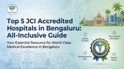 Infographic by Shifam Health Medical Tourism titled Top 5 JCI Accredited Hospitals in Bengaluru: All-Inclusive Guide, featuring the JCI accreditation badge surrounded by four pillars — Quality & Safety, International Standards, Comprehensive Care, and Patient Focus — set against an illustrated Bengaluru cityscape.