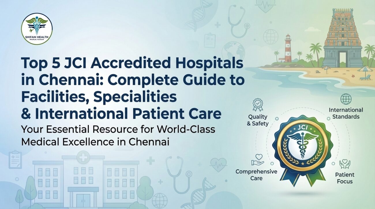 Top JCI Accredited Hospitals in Chennai infographic showing hospital infrastructure, JCI certification badge, and international patient care standards