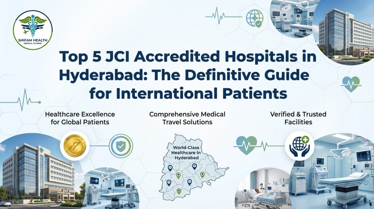 Infographic by Shifam Health Medical Tourism titled Top 5 JCI Accredited Hospitals in Hyderabad: The Definitive Guide for International Patients, featuring real hospital building photographs, a Hyderabad location map with marked hospital sites, a gold JCI accreditation badge, modern operation theatre and patient room imagery, and three key pillars — Healthcare Excellence for Global Patients, Comprehensive Medical Travel Solutions, and Verified and Trusted Facilities.