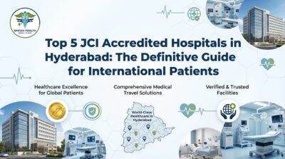 Infographic by Shifam Health Medical Tourism titled Top 5 JCI Accredited Hospitals in Hyderabad: The Definitive Guide for International Patients, featuring real hospital building photographs, a Hyderabad location map with marked hospital sites, a gold JCI accreditation badge, modern operation theatre and patient room imagery, and three key pillars — Healthcare Excellence for Global Patients, Comprehensive Medical Travel Solutions, and Verified and Trusted Facilities.