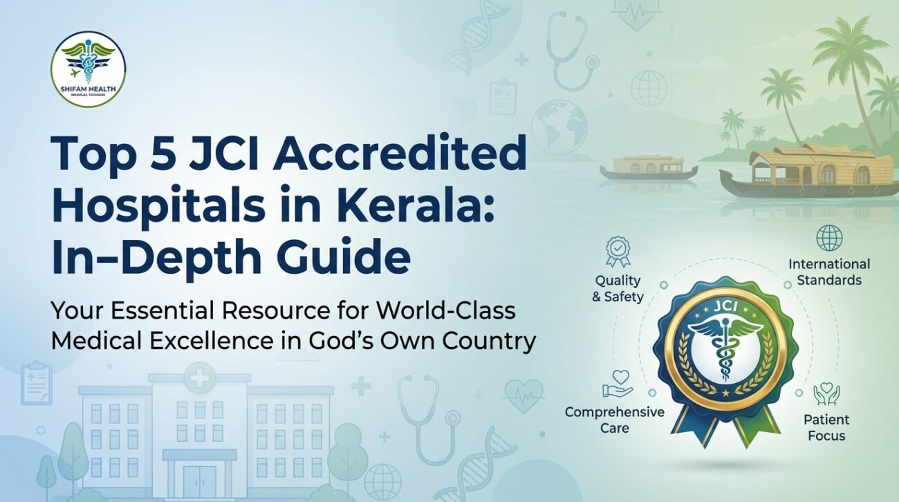 Top JCI Accredited Hospitals in Kerala infographic showing hospital infrastructure, international standards, patient care, and quality healthcare services