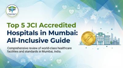 Infographic by Shifam Health Medical Tourism titled Top 5 JCI Accredited Hospitals in Mumbai: All-Inclusive Guide, featuring a gold JCI accreditation badge, an illustrated Mumbai hospital skyline, and healthcare icons including a stethoscope, microscope, and ECG symbol, with the subtitle — Comprehensive review of world-class healthcare facilities and standards in Mumbai, India.
