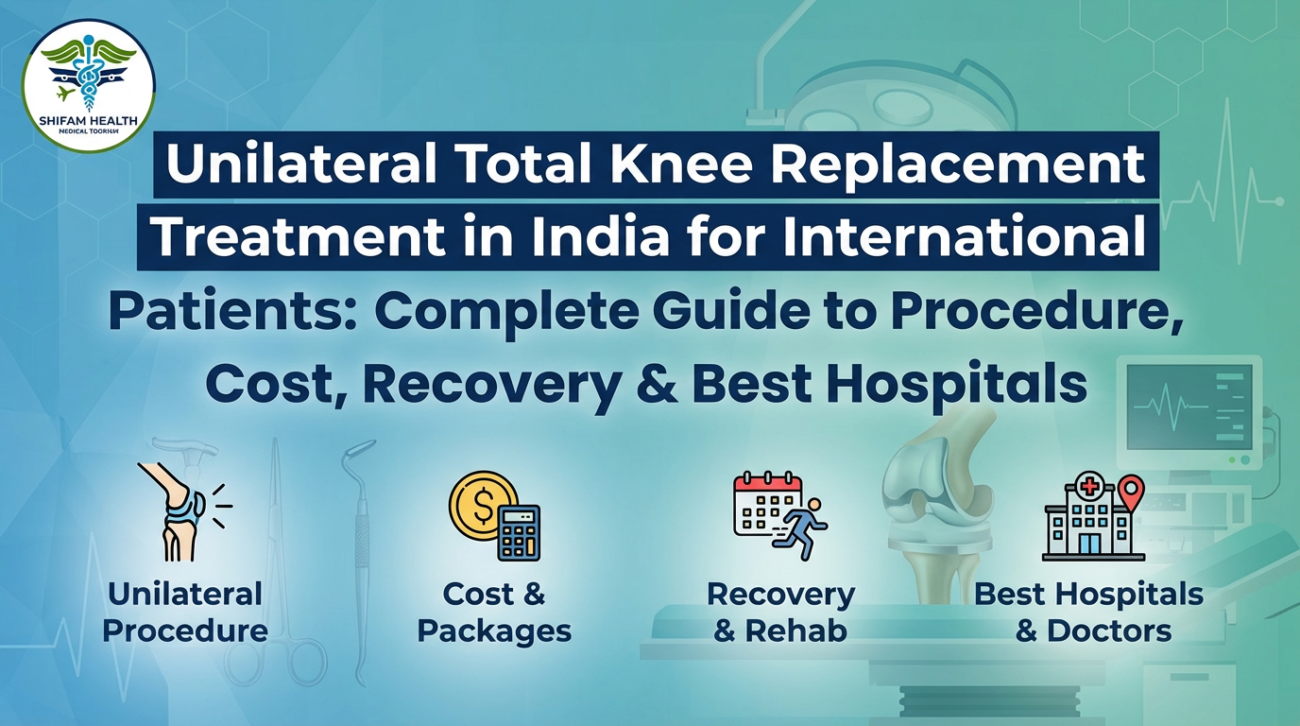 Illustration showing Unilateral Total Knee Replacement Treatment in India, featuring knee joint diagram, surgical tools, cost icons, recovery timeline, and hospital symbols for international patients.