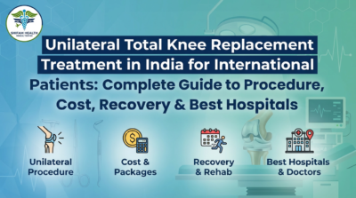 Illustration showing Unilateral Total Knee Replacement Treatment in India, featuring knee joint diagram, surgical tools, cost icons, recovery timeline, and hospital symbols for international patients.