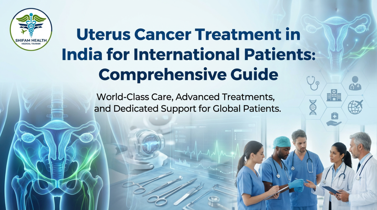 Uterus Cancer Treatment in India for International Patients showing advanced gynecologic oncology care, uterus medical illustration, surgical tools, and specialist doctors providing treatment in India.