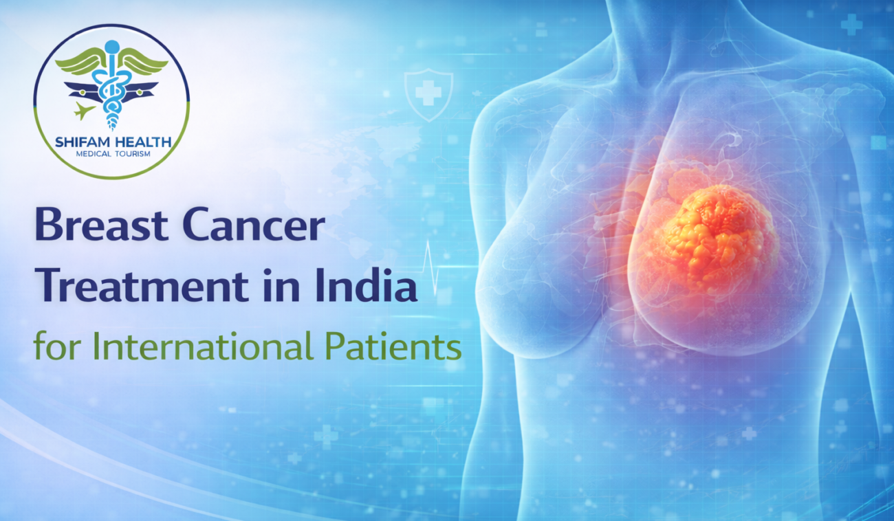 Medical illustration of female torso highlighting breast tumor for breast cancer treatment in India for international patients.