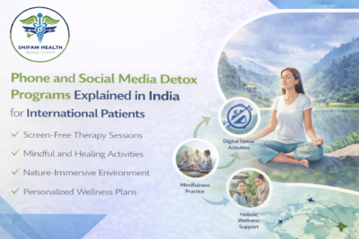 Phone and social media detox programs in India for international patients featuring a woman meditating in a serene natural environment with key highlights like screen-free therapy, mindfulness activities, and personalized wellness plans.