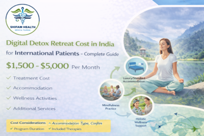 Digital detox retreat cost in India for international patients infographic showing a woman meditating in a peaceful natural setting with pricing range $1,500–$5,000 per month and key inclusions like accommodation, wellness activities, and additional services.