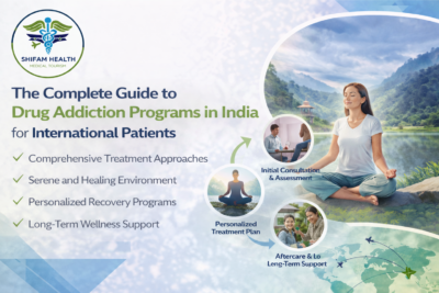 Drug addiction treatment program in India showing rehab therapy, counseling sessions, detox treatment, and recovery support for international patients.