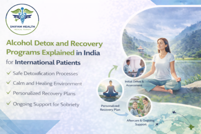 Alcohol detox and recovery programs in India for international patients featuring a woman meditating in a serene natural setting with a step-by-step treatment journey including detox, personalized recovery, and aftercare support.