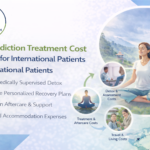 Drug addiction treatment cost in India for international patients infographic showing a woman meditating in a peaceful landscape with key cost components including detox, treatment, aftercare, and travel expenses.