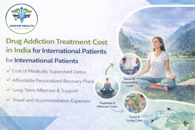 Drug addiction treatment cost in India for international patients infographic showing a woman meditating in a peaceful landscape with key cost components including detox, treatment, aftercare, and travel expenses.