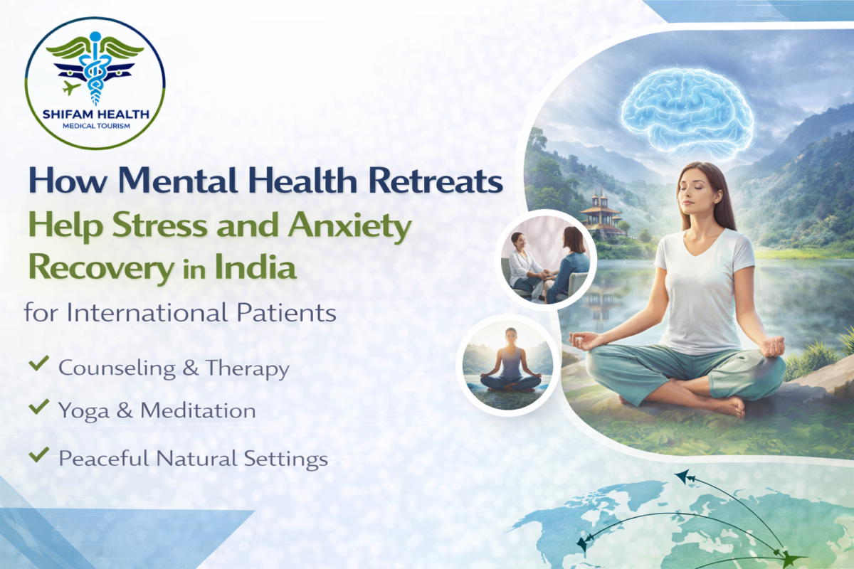 Mental health retreat in India showing stress and anxiety recovery therapies, including counseling, meditation, and yoga for international patients.