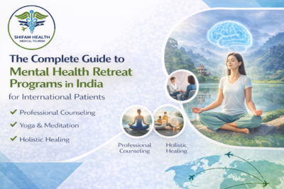 Mental health retreat in India showing therapy sessions, yoga, meditation, and holistic wellness programs for international patients.