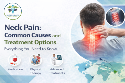 Neck pain illustration showing cervical spine inflammation and treatment options