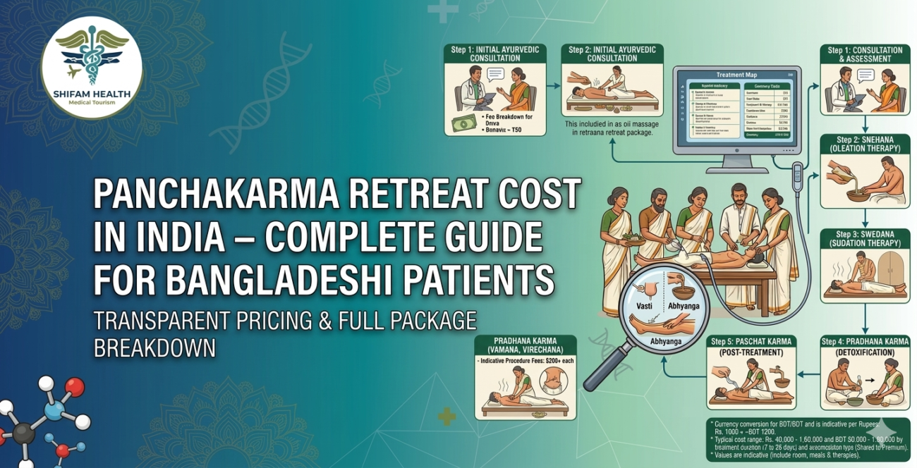 Panchakarma retreat in India for Bangladeshi patients showing Ayurvedic therapy, herbal massages, and detox treatments in a wellness center.