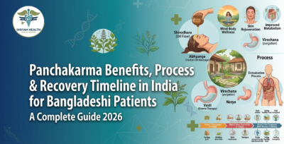 Panchakarma therapy in India showing Ayurvedic detox procedures, herbal massages, and recovery practices for Bangladeshi patients.