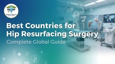 Shifam Health Medical Tourism promotional banner titled "Best Countries for Hip Resurfacing Surgery — Complete Global Guide," featuring a 3D medical illustration of a hip joint with a metal resurfacing implant displayed on a digital screen, set inside a modern surgical theatre with overhead lights and medical equipment, on a blue-to-teal gradient background with DNA helix and joint anatomy icons.