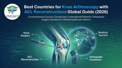 Best Countries for Knee Arthroscopy with ACL Reconstruction infographic showing global medical tourism options, knee surgery procedure, and orthopedic treatment excellence (2026)