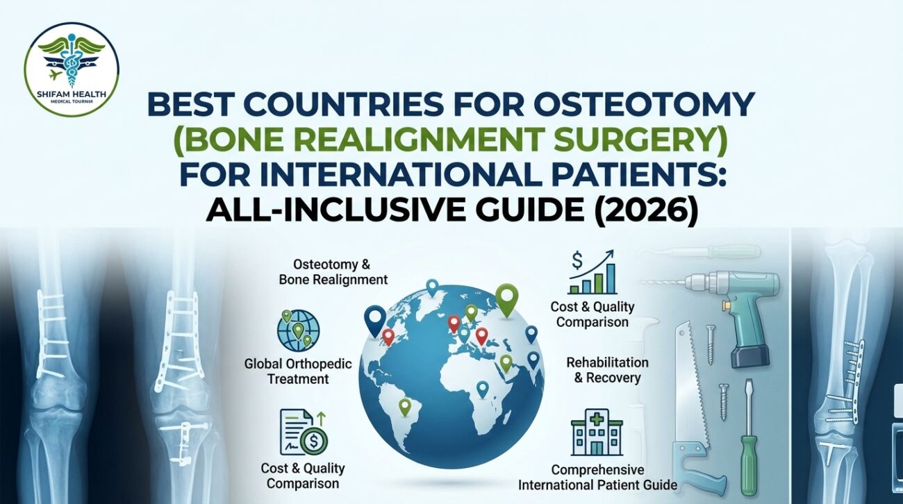 Shifam Health Medical Tourism infographic showing best countries for osteotomy bone realignment surgery for international patients 2026 with global orthopedic treatment map cost comparison and rehabilitation guide