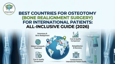 Shifam Health Medical Tourism infographic showing best countries for osteotomy bone realignment surgery for international patients 2026 with global orthopedic treatment map cost comparison and rehabilitation guide