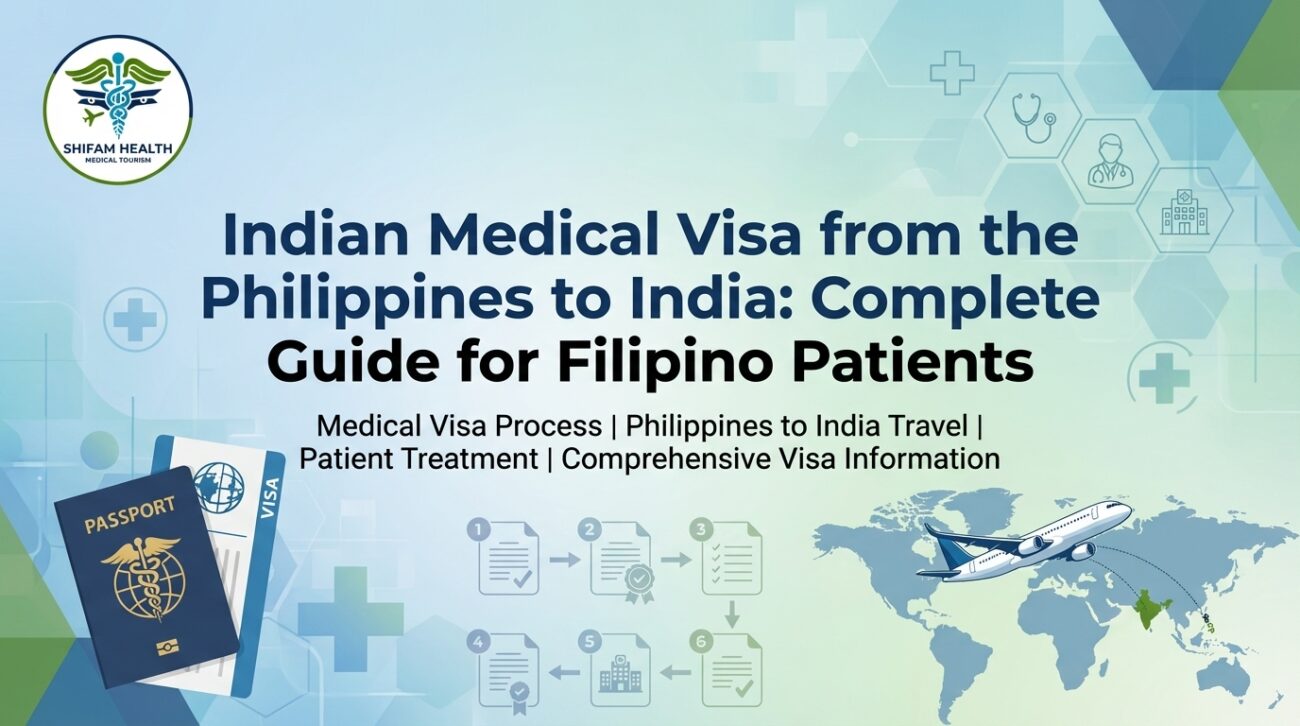 Indian Medical Visa from the Philippines to India — Complete Guide for Filipino Patients by Shifam Health Medical Tourism, showing a passport, visa document, step-by-step application process icons, a flight path from the Philippines to India on a world map, and medical icons including a stethoscope, doctor, and hospital.