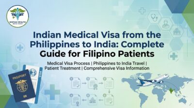 Indian Medical Visa from the Philippines to India — Complete Guide for Filipino Patients by Shifam Health Medical Tourism, showing a passport, visa document, step-by-step application process icons, a flight path from the Philippines to India on a world map, and medical icons including a stethoscope, doctor, and hospital.