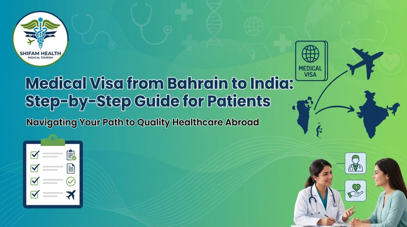 Shifam Health Medical Tourism banner titled 'Medical Visa from Bahrain to India: Step-by-Step Guide for Patients' featuring a female doctor consulting a patient, a medical visa document icon, flight path arrows from Bahrain to India map, and a checklist clipboard on a green gradient background.