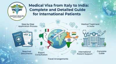 Infographic by Shifam Health Medical Tourism titled "Medical Visa from Italy to India: Complete and Detailed Guide for International Patients," showing a circular flow diagram with icons representing required documents (passport and visa form), step-by-step application process, expert consultation, travel arrangements (airplane flying from Italy to India on a globe), medical treatment in India (hospital building with stethoscope and syringe), international patient support, and a complete guide — set against a light blue tech-themed background.