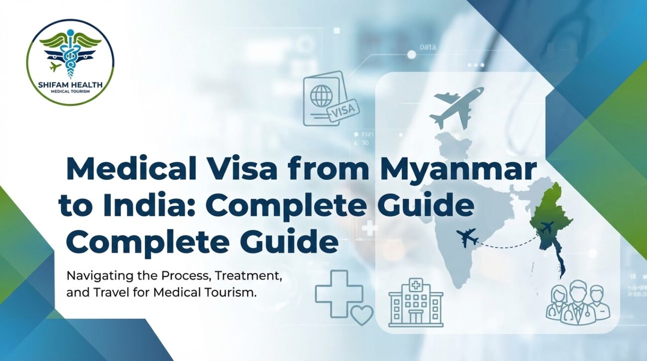 Shifam Health Medical Tourism promotional banner titled "Medical Visa from Myanmar to India: Complete Guide — Navigating the Process, Treatment, and Travel for Medical Tourism," featuring a visa passport icon, an airplane, a map highlighting Myanmar's route to India, medical cross symbols, a hospital building icon, and a healthcare team illustration, on a light blue and white gradient background.