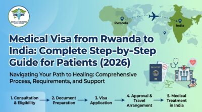 Medical Visa from Rwanda to India step-by-step guide infographic showing consultation, document preparation, visa application, travel arrangement, and treatment process in 2026