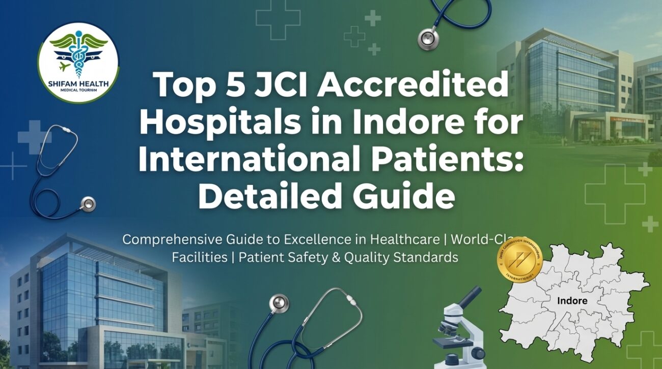 Shifam Health Medical Tourism infographic showing top 5 JCI accredited hospitals in Indore for international patients with world-class facilities patient safety and quality standards detailed guide