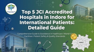 Shifam Health Medical Tourism infographic showing top 5 JCI accredited hospitals in Indore for international patients with world-class facilities patient safety and quality standards detailed guide
