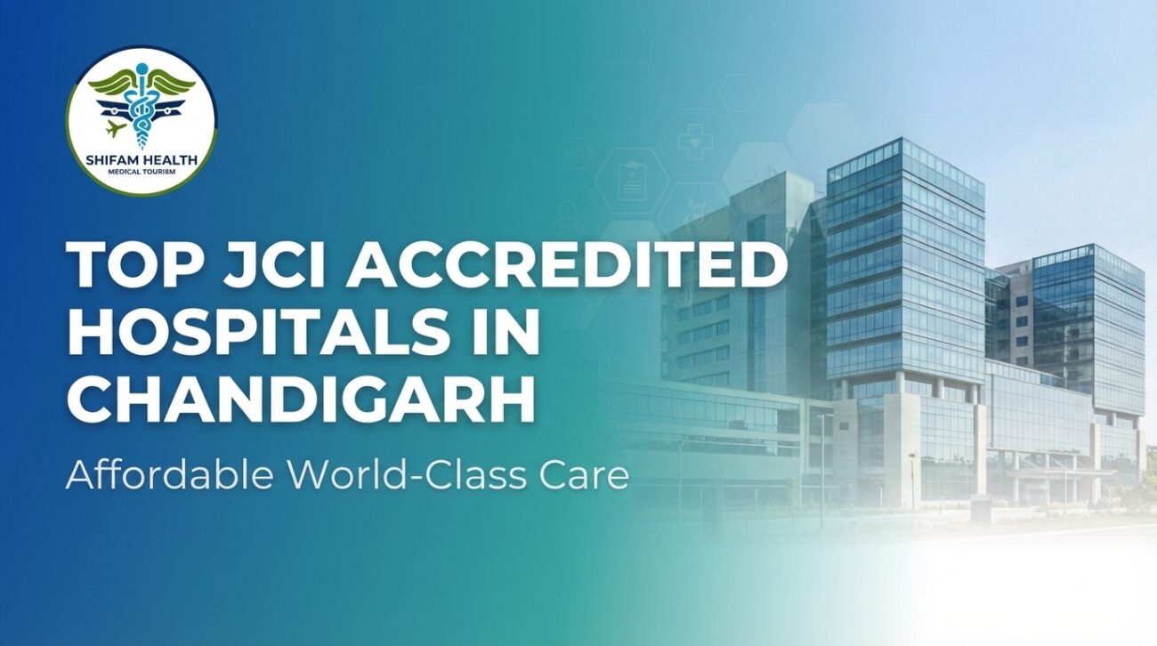 Shifam Health Medical Tourism promotional banner titled "Top JCI Accredited Hospitals in Chandigarh (2026) — Affordable World-Class Care," featuring a modern multi-storey glass hospital building set against a blue-to-teal gradient background with digital healthcare icons including a medical cross, clipboard, and hexagonal grid pattern.