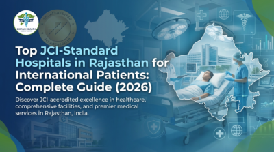 Shifam Health Medical Tourism banner titled 'Top JCI-Standard Hospitals in Rajasthan for International Patients: Complete Guide 2026' featuring a patient in a hospital bed attended by medical staff, overlaid on an outline map of Rajasthan, India, with JCI Accredited seal visible.