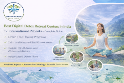 Best digital detox retreat centers in India for international patients infographic featuring a woman meditating in a tranquil natural setting with highlights like screen-free healing, mindfulness sessions, personalized detox plans, and luxury wellness facilities.