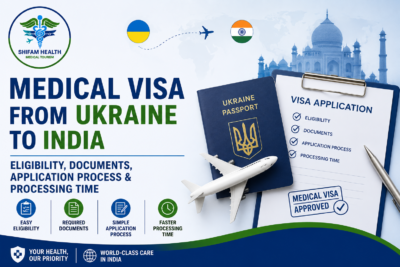 Medical visa from Ukraine to India featured image showing a Ukrainian passport, visa application form, travel to India, and medical tourism process.