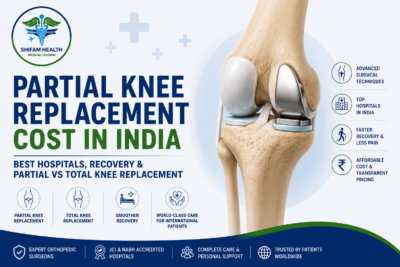 Partial knee replacement cost in India featured image showing a knee implant, orthopedic knee anatomy, and advanced partial knee replacement surgery.