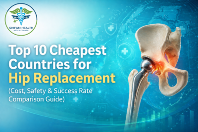 Top 10 cheapest countries for hip replacement showing global comparison of cost, safety and success rates with medical infographic design